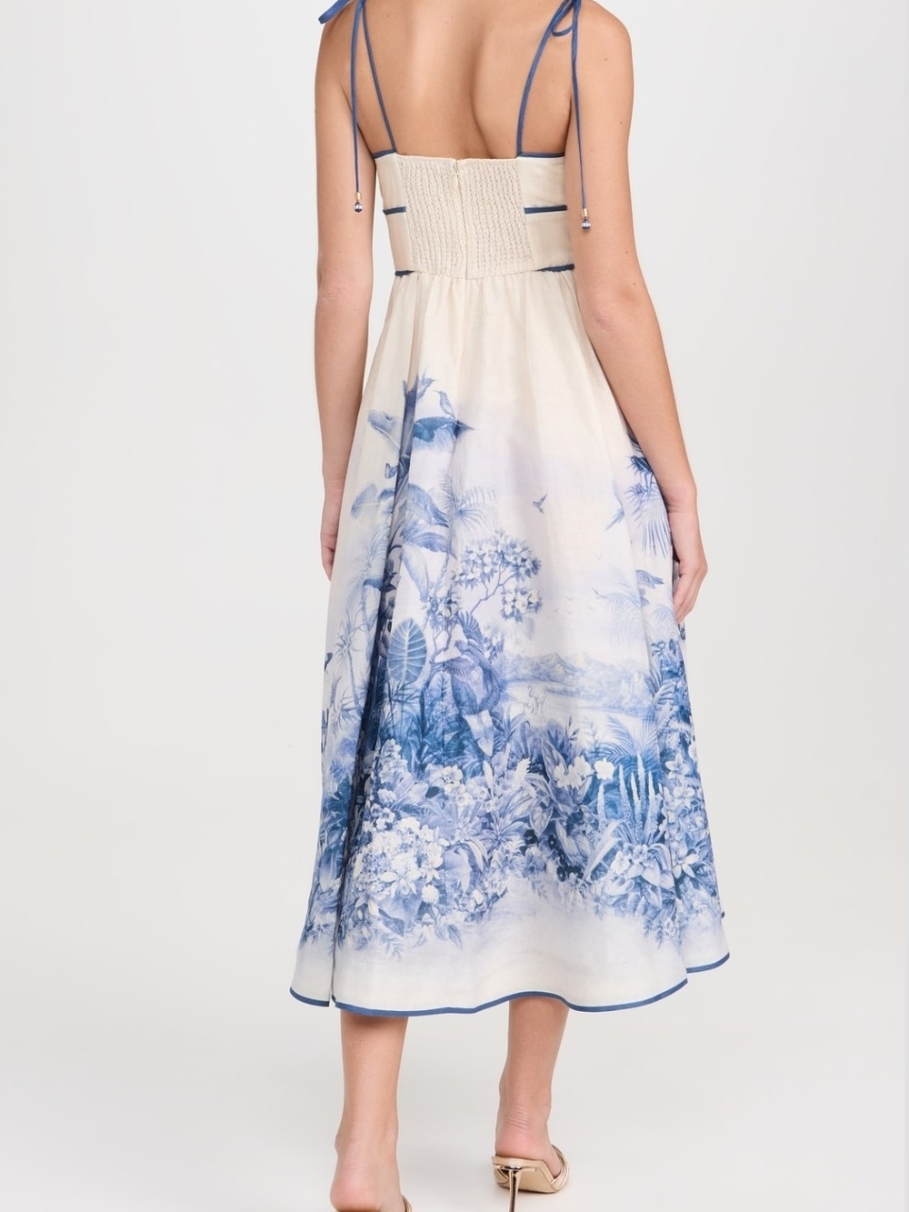 Ivory and Blue Midi Dress with Adjustable Straps - Picture 2 of 7